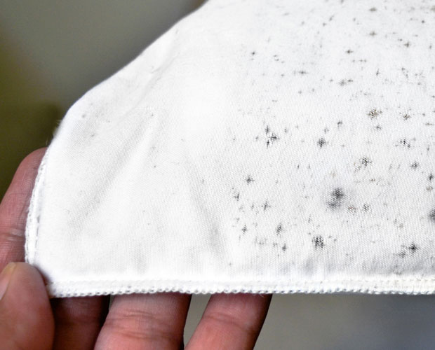 Mold spots on stored clothing fabric caused by dampness and poor ventilation