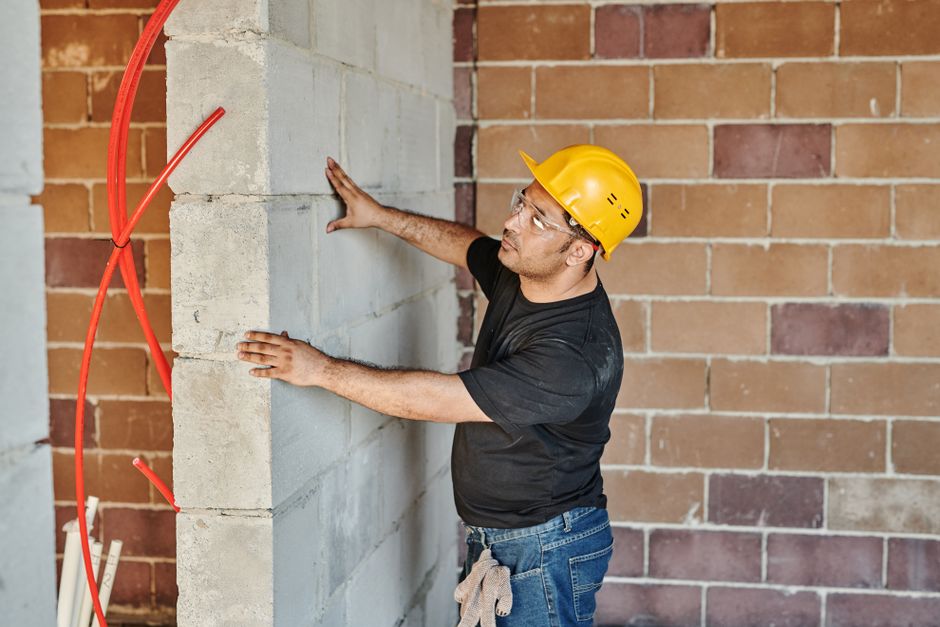 Technician inspecting a wall for moisture and mold growth
