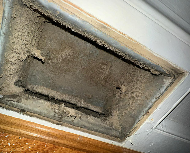 Mold buildup inside an aged HVAC unit's ductwork and components